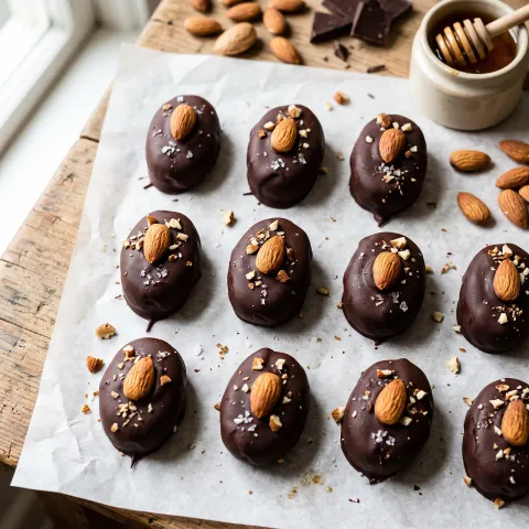 Paleo Marzipan Confections with Dark Chocolate and Toasted Almonds. AI-generated image.