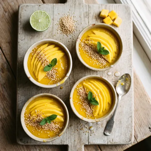Thai Mango Sticky Coconut Pudding with Fresh Lime and Toasted Sesame
