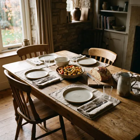 A long table set with simple plates, a bowl of roasted vegetables and a loaf to share, in a dining room with the table laid for more than one, in warm late-afternoon. AI-generated image.