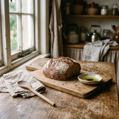 A rustic loaf of bread on a wooden board with a small dish of olive oil, in a sunlit farmhouse kitchen with a worn wooden table. AI-generated image.