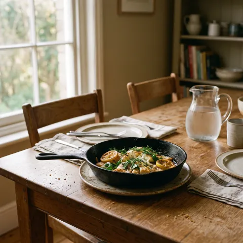 A cast-iron skillet of pan-seared fish with lemon and herbs on a plain plate, in a dining room with the table laid for more than one, in warm late-afternoon light. AI-generated image.