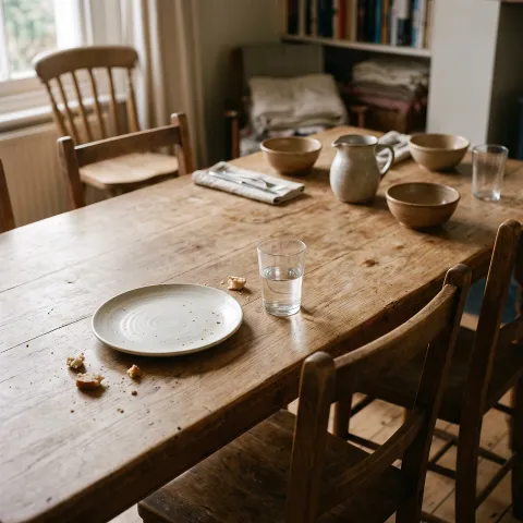 An empty plate and a glass of water on a bare wooden table, morning light across the grain, in a dining room with the table laid for more than one, in warm. AI-generated image.