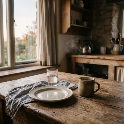 An empty plate and a glass of water on a bare wooden table, morning light across the grain, in a quiet kitchen by a window at first light. AI-generated image.