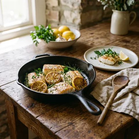 A cast-iron skillet of pan-seared fish with lemon and herbs on a plain plate, in a sunlit farmhouse kitchen with a worn wooden table.