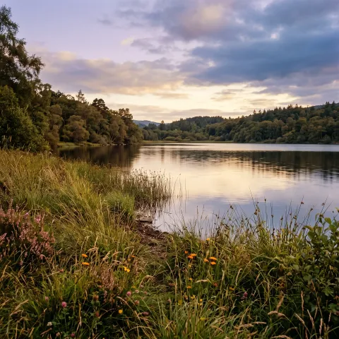 Long grass and wildflowers at the edge of a quiet lake at dusk, the water utterly calm, soft violet and gold sky. AI-generated image.