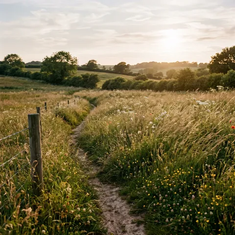 A sunlit meadow at golden hour, wildflowers and tall grass bending in a soft breeze. AI-generated image.