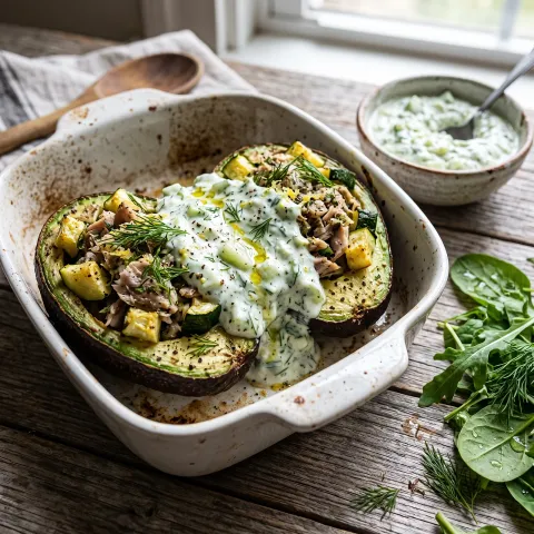 Herb-Baked Mackerel Stuffed Avocados with Cucumber-Dill Tzatziki-Style Coconut Yogurt