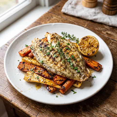 Herbes de Provence Grilled Sole with Honey-Glazed Carrots and Parsnips