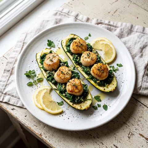 Lemon-Herb Baked Scallops on Wilted Spinach in Zucchini Cups