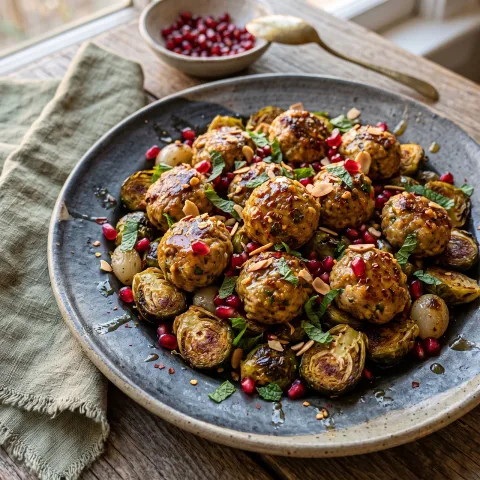 Moroccan-Spiced Duck Meatballs on Roasted Brussels Sprouts