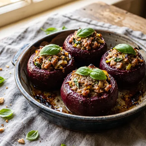 Roasted Beets Stuffed with Herbed Ground Pork and Wilted Leeks