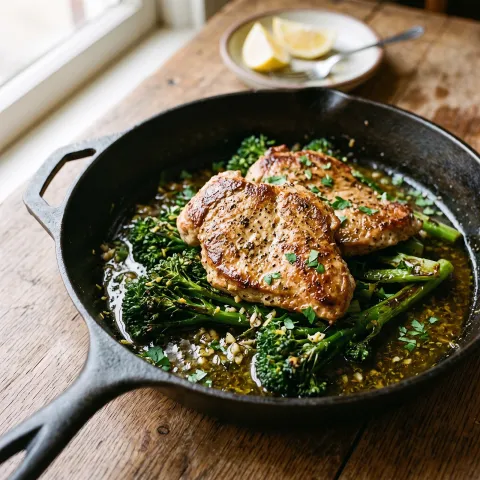Seared Turkey Cutlets over Broccolini with Lemon-Herb Pan Drippings