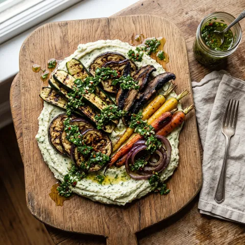 Smoked Vegetable Platter with Whipped Herb Cauliflower and Chimichurri. AI-generated image.