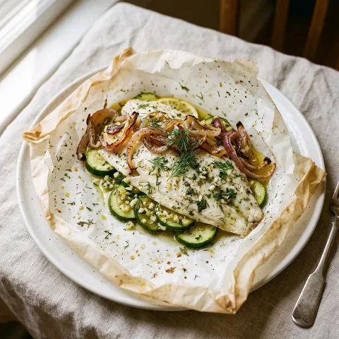 Herb-Scented Sole en Papillote over Zucchini with Garlic, Dill, and Roasted Red Onion
