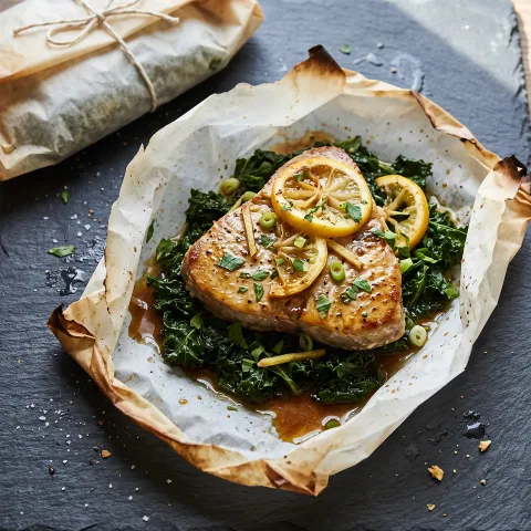 Tuna and Wilted Kale en Papillote with Ginger, Coconut Aminos, and Lemon