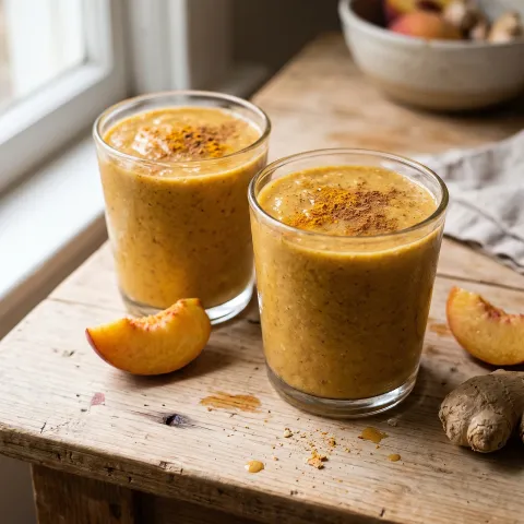 Peach Ginger Turmeric Paleo Smoothie. AI-generated image.