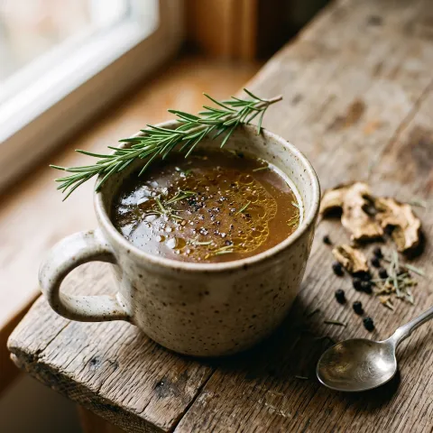 Spiced Mushroom Broth Sipper with Rosemary and Black Pepper. AI-generated image.