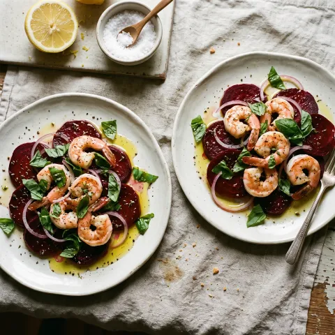 Citrus-Marinated Shrimp and Roasted Beet Salad with Basil and Olive Oil