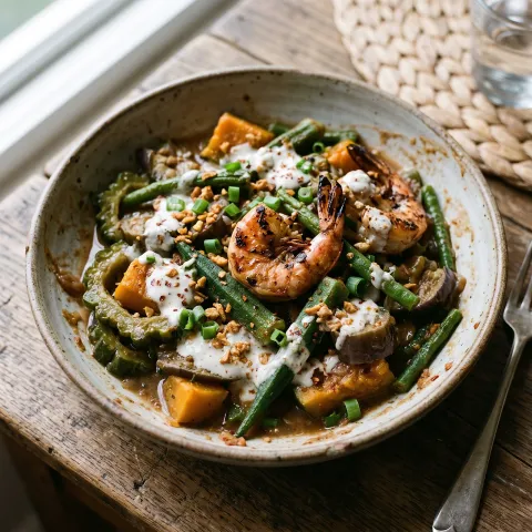 Filipino Pinakbet Lunch Bowl with Shrimp and Garlic Coconut Drizzle