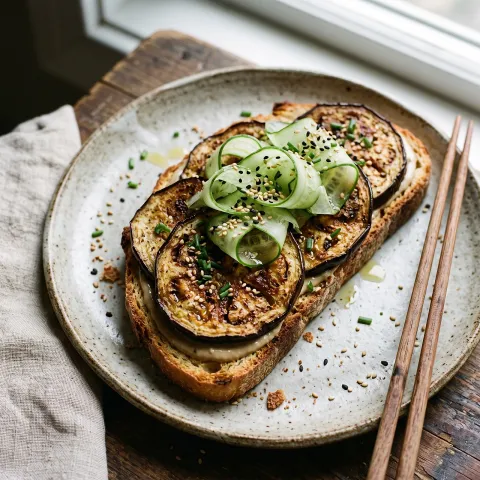 Five-Spice Baked Eggplant Open-Face Sandwich on Cassava Bread