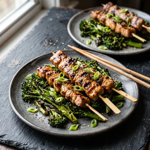 Ginger-Sesame Pork Skewers on Charred Broccolini