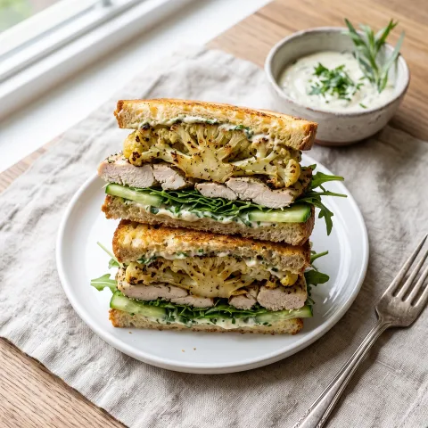 Grilled Cauliflower Steak Sandwich with Herbes de Provence Chicken and Dijon-Free Herb Aioli on Cassava Bread