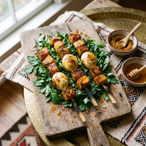Grilled Egg and Kabocha Squash Skewers with Ras el Hanout and Fresh Herbs