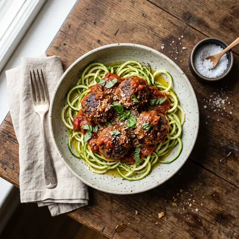 Italian Bison Meatball Lunch Bowl with Zucchini Noodles and San Marzano Marinara. AI-generated image.