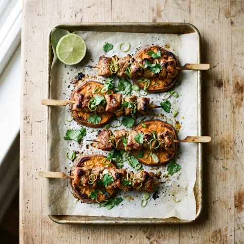 Lemongrass Pork Skewers on Roasted Sweet Potato Rounds