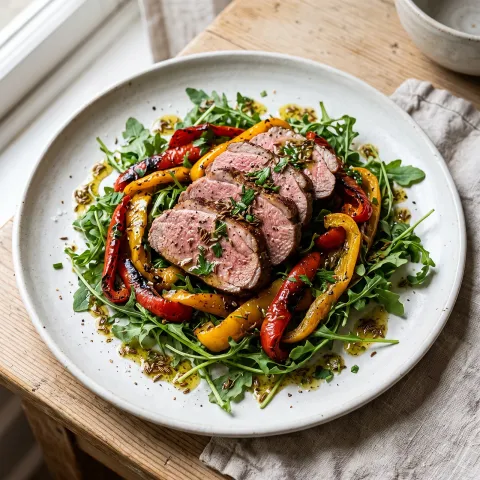 Roasted Bell Pepper and Lamb Salad with Caraway-Herb Dressing