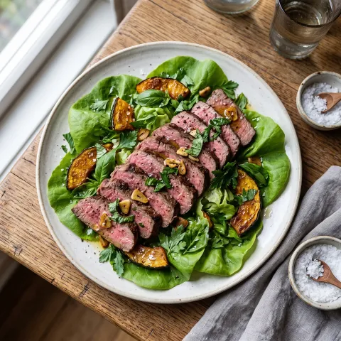 Seared Beef and Roasted Kabocha Squash Salad with Basil and Garlic Oil