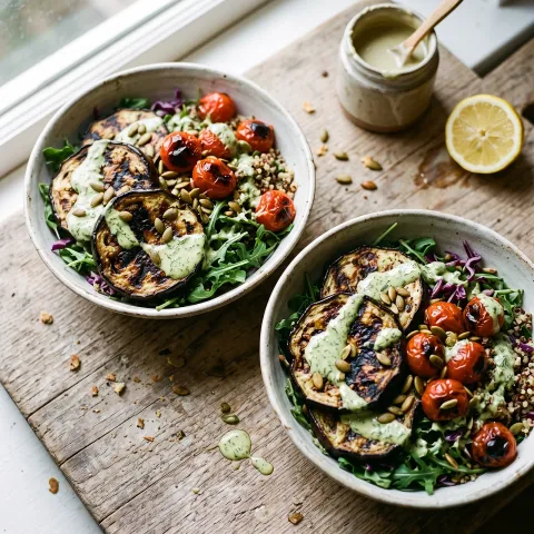 Smoky Grilled Eggplant and Charred Tomato Lunch Bowls with Lemon Herb Tahini
