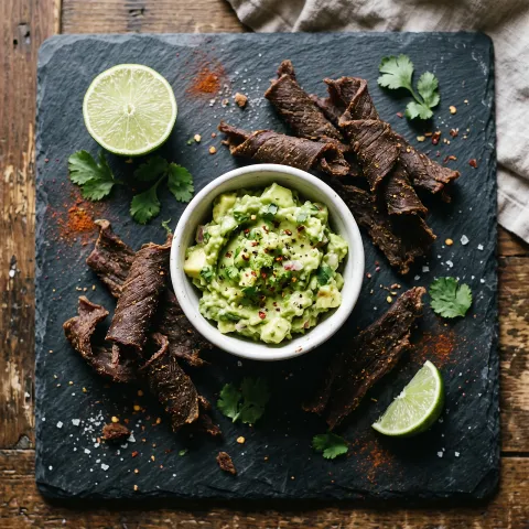Elk Carne Seca Bites with Avocado Lime Dip. AI-generated image.