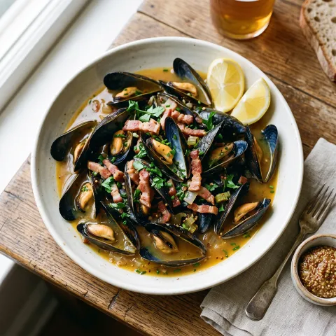 German Beer-Steamed Mussels with Bacon, Mustard, and Fresh Herbs. AI-generated image.