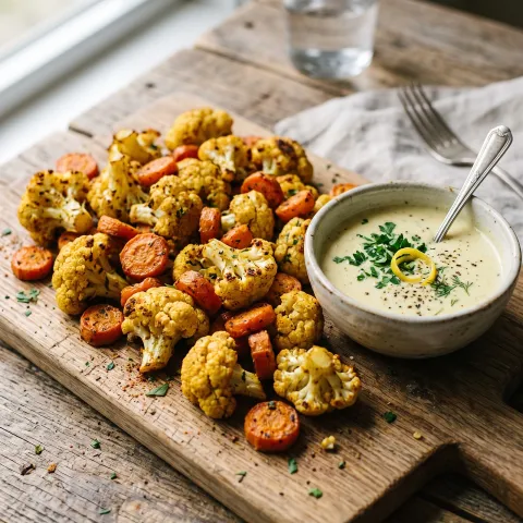 Pressure Cooker Spiced Cauliflower and Carrot Bites with Lemon Herb Dipping Sauce. AI-generated image.