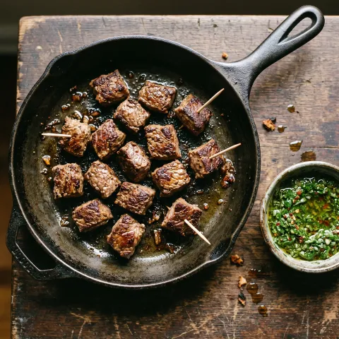 Skillet Bison Bites with Smoky Chimichurri Drizzle