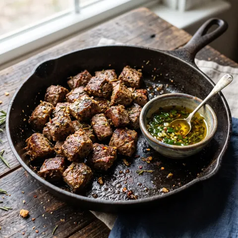 Skillet Wild Boar Bites with Garlic Herb Dipping Oil