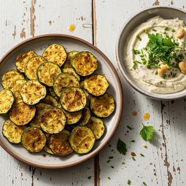Crispy Baked Zucchini Chips with Lemon Herb Cashew Dip