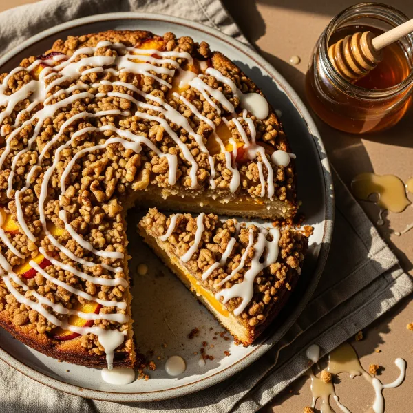Almond Flour Peach Crumble Cake with Honey Vanilla Glaze