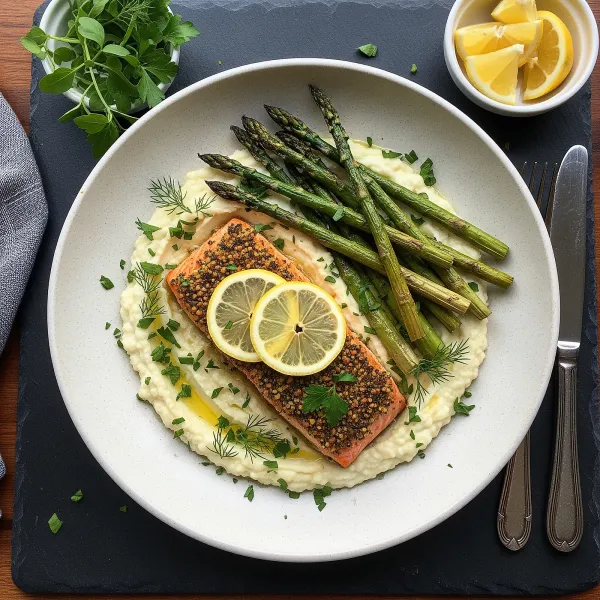 Lemon Herb Baked Salmon with Roasted Asparagus and Garlic Cauliflower Mash