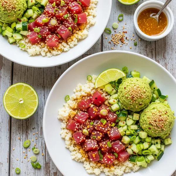 Seared Ahi Tuna Tartare Bowls with Avocado Cucumber Salsa