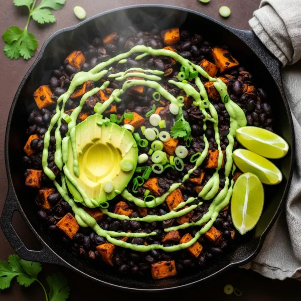 Smoky Black Bean and Sweet Potato Skillet with Cilantro Lime Drizzle