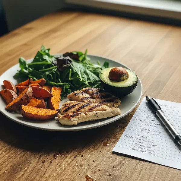 A simple beginner paleo plate of grilled chicken, roasted sweet potato, greens and avocado beside a grocery list