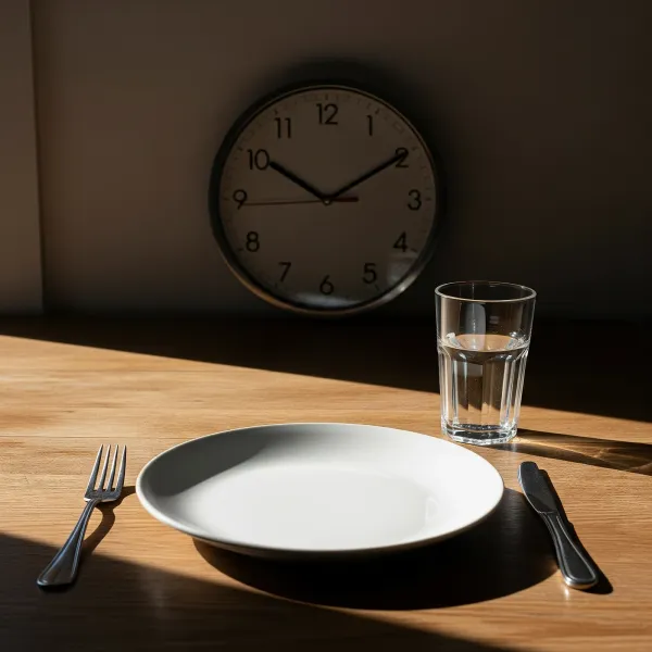 An empty plate and cutlery on a kitchen table beneath a plain analog clock