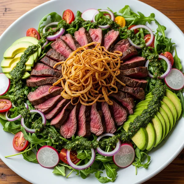 Seared Skirt Steak Salad with Chimichurri Vinaigrette and Crispy Shallots