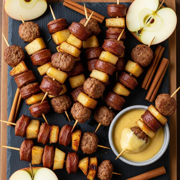 Cinnamon Spiced Apple and Sausage Skewer Bites with Honey Mustard Dipping Sauce