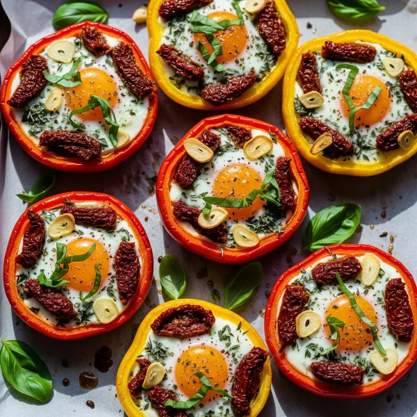 Sun-Dried Tomato and Herb Baked Eggs in Roasted Pepper Cups