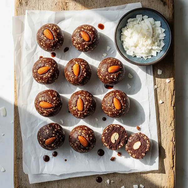 Chewy Coconut Date Energy Balls with Toasted Almonds and Cacao