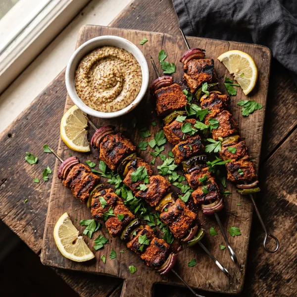 Cajun Wild Boar Skewers with Creole Mustard Dipping Sauce