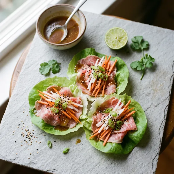 Korean-Inspired Beef Carpaccio Lettuce Cups with Sesame Ginger Dressing